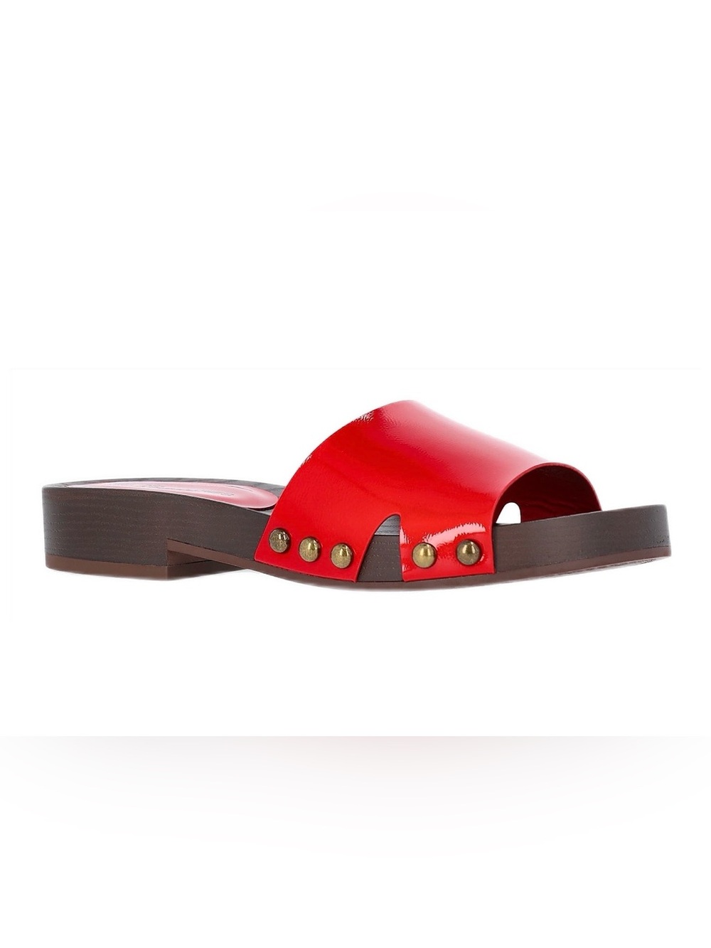 No Boundaries Red Patent Slide Sandals with Gold Studs